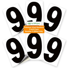 iSYFIX Black Vinyl Number 9 (Nine) Stickers - 6 Pack 5 inch - Premium Decal, White Background, Pre-Spaced for Mailbox, Signs, Window, Door, Cars, Trucks, Home, Business, Address, Indoor & Outdoor