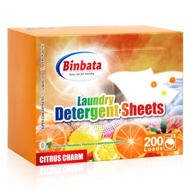Binbata Laundry Detergent Sheets, 200 Loads Citrus Charm Scent Hypoallergenic Eco-Friendly, Biodegradable Plastic Free Liquidless Laundry Sheets Suitable for Sensitive Skin