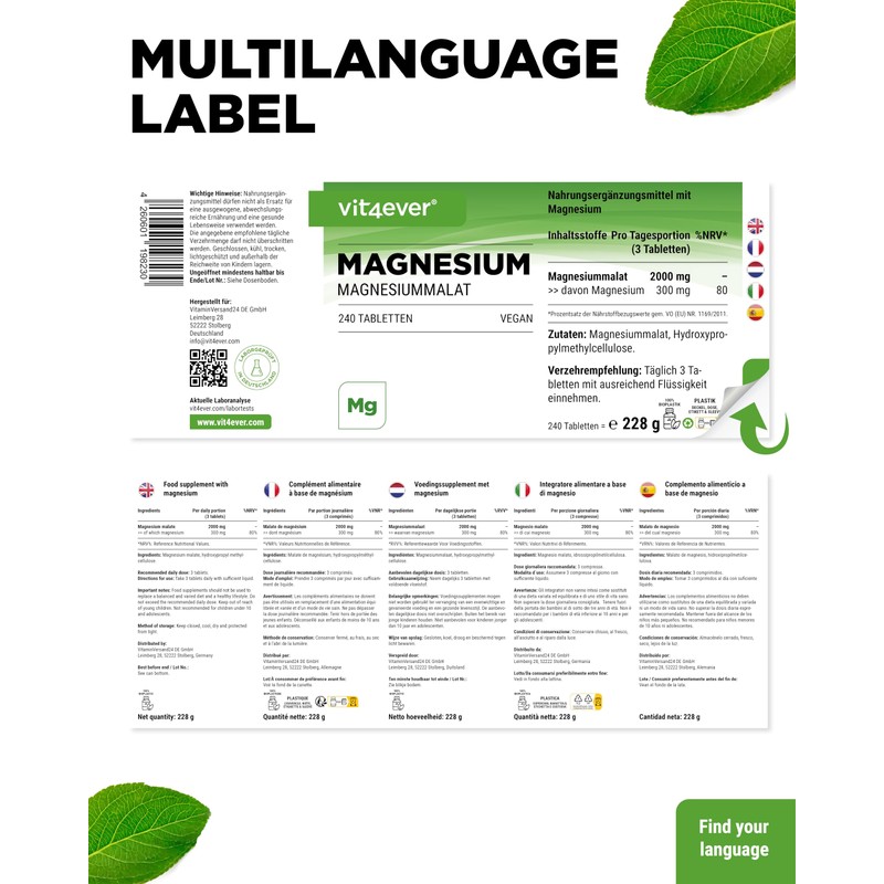 Magnesium Malate - 240 Tablets with 3000 mg Magnesium Malate