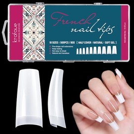 500PCS False Nails Tips Lady French Style Acrylic Artificial Tip Manicure Half Cover with Box of 10 Sizes for Nail Art Salons and Home DIY (White)