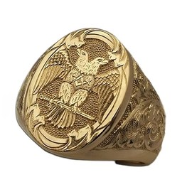 QUSIIOSLK 18K Gold Plated Double Headed Eagle Signet 925 Sterling Silver Ring Vintage United States Military Army Ring for Men Hip Hop Punk Rock Viking Hawk Animal Ring Jewelry 11