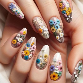 Spring Press on Nails Medium Almond Fake Nails with Colorful Floral Designs White Nails Press ons Glossy Glue on Nails Cute Acrylic Nails Summer False Nails Artificial Stick on Nails for Women 24Pcs