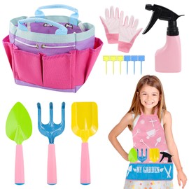 Kids Pink Gardening Tools Set, Garden Tools for Kids with Watering Can, Shovel, Rake, Gloves, Waterproof Apron with Pocket, Storage Bag and DIY Bookmark Gardening Kits Birthday Christmas Easter Gift