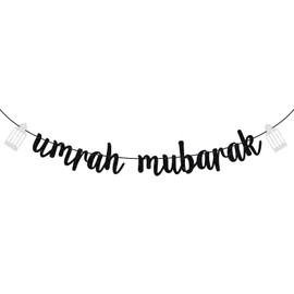 Umrah Mubarak Banner, Eid Festival Bunting Sign, Eid Mubarak, Muslim Ramadan Party Decorations Black Glitter