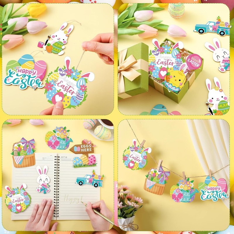 36Pcs Easter Wooden Tree Ornaments,Easter Bunny Colourful Egg Hanging Ornaments,Spring