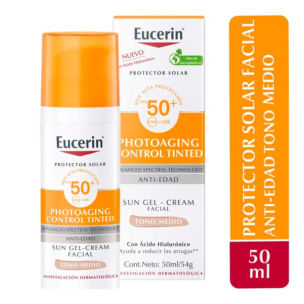 Eucerin protector solar facial photoaging control tinted tono medio FPS50+ 50ml.