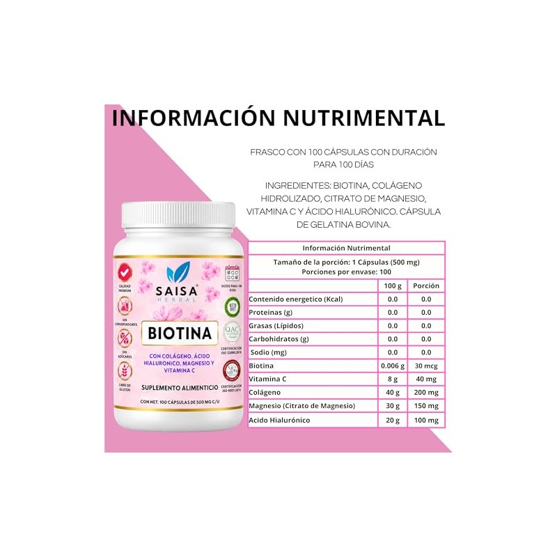 Biotina Colágeno Hidrolizado Ácido Hialurónico Citrato Magnesio 100 Cápsulas Suplemento