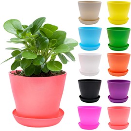 Pack of 10 Colourful Small Flower Pots, 10 cm Small Plastic Flower Pots with Saucer, 10 Colours, Small Decorative Flower Pots, Mini Planters, Colourful Flower Pots, Small Plastic for Small Plants