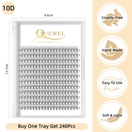 QUEWEL Cluster Lashes 240Pcs Individual Lashes 10D 0.10C Curl 15mm Knot-Free Lash Extensions Clusters Lashes Soft&Natural False Eyelashes Individual DIY Eyelash Extension at Home(10D 0.10C 15)