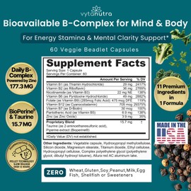 Vytanutra Plus B Sustained Slow Release Pellet Beadlet Capsule Contains All B (1, 2, 3, 5, 6, 7, 9 - Folic Acid, B12) Plus Taurine with Bioperine