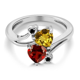 Gem Stone King 925 Sterling Silver Yellow Citrine Red Garnet and Black Diamond Ring For Women (1.63 Cttw, Heart Shape 6MM, Gemstone November Birthstone, Available In Size 5, 6, 7, 8, 9)