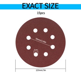 Pack of 15 Sandpaper 125 mm Velcro, 240 Grit Sanding Discs, 8 Holes Round Velcro Sandpaper for Random Orbital Sanders Wood, Metal, Colour