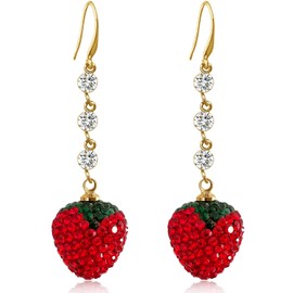 JNONL Exquisite Long Sparkling Rhinestone Alloy Three-Dimensional Strawberry Dangle Drop Earrings Sweet Lovely Personality Crystal Strawberry Fruit Hook Earrings for Women Jewelry (Red Strawberry)