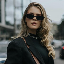 LJCZKA Retro Rectangle Sunglasses for Women Men Trendy Small Square Sunglasses 90s Vintage Narrow Frame Fashion Rectangular Sunnies UV400 Protection (Black Grey+Black Brown+Leopard Brown)