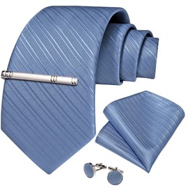 DiBanGu Striped Necktie, Handkerchief, and Tie Clip Set; Washable; School Entrance Ceremonies; Business; After-Parties, light blue striped