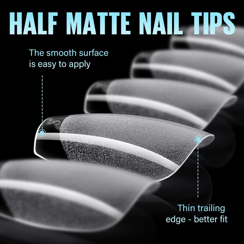 TOMICCA Coffin Shaped Short Nail Tips - 192PCS Half Matte