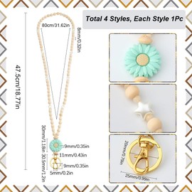 SUNNYCLUE 4pcs Wood Beaded Lanyards Flower Teacher Lanyards Wooden Daisy Floral Teacher Id Card Badges Necklace Straps Bead Lanyard with Alloy Clasp for Women Office Nurse Badges Workers Keychain
