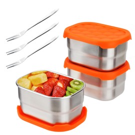 3pcs Stainless Steel Food Storage Containers with Lids, 7.8oz Small Snack Containers Snack Pots Salad Dressing Pots with Forks, Reusable Lunch Box Bento Box for School Work Travel, Kids Adults