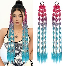Bordedor Rainbow Braiding Hair Extension with Tinsel, Colored Hair Extensions Synthetic Braiding, 2 Tone Hair Accessories for Girls Women 26 Inch (Red - Dark Turquoise)