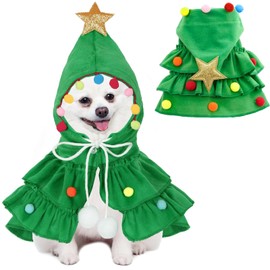 Dog Christmas Outfit Elf Costume Cat Cape Xmas Tree Cloak with Hat Star and Pompoms Small Dog Clothes Kitten Santa Claus Costumes Pet Santa Gifts Xmas Tree Cloak (Small, Xmas Tree)