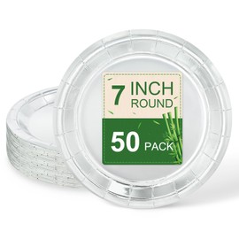 LIKAJON 50 Pcs Silver Paper Plates, 7 Inch Disposable Dessert Plates for Valentines,Tea Party, Baby Shower, Birthday, Wedding, Graduation, Picnic, BBQ, Party