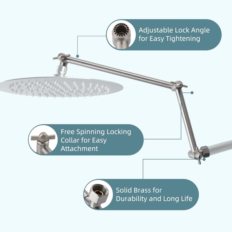 iFealClear Adjustable Shower Head Extension Arm, 16" Brass Shower Head