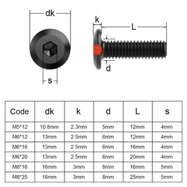 HOTUT 25 Pcs M6 Bolts Set, Black Hexagon Socket Head Cap Screws with Wrench, Stainless Steel Round Head Hex Socket Head Cap Machine Screws, Thread Fastener Hex Bolts, Pan Head Furniture Bike Bolts Set