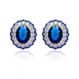 Uloveido Oval Blue Cubic Zirconia Stone White Gold Plated Studs Earrings for Women Sensitive Ears with Crystals ED004
