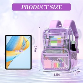 Tinrbip Clear Backpack Heavy Duty, Thick PVC Transparent Bookbag with Leather Trim, Stadium Approved Clear Backpacks, Large Capacity See Through Backpacks for Travel (Purple)
