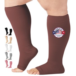 Mojo Compression Socks for Women and Men 20-30 mmHg Wide Calf - Big and Tall Open Toe Compression Stockings for Nursing, Airplane, Varicose Veins Circulation - Brown, 5X-Large - AB211