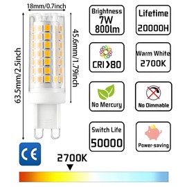 Geminilite G9 LED Bulbs 7W G9 Bi-Pin Base 70W Halogen Bulbs Equivalent Warm White 2700K 800lm T4 Lamp Bulb, Non-Flicker, Non-Dimmable 360°Beam Angle,120V Pack of 6
