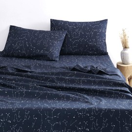 Wake In Cloud - Constellation Sheet Set, Navy Blue with White Space Stars Pattern Printed, Soft Microfiber Bedding (4pcs, King Size)