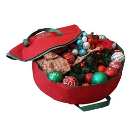 Heavy Duty Wreath Bag Quality Reusable Christmas Garlands Storage Container High Density Polyester Laundry Bags with Hangable Handles 30 inch Red
