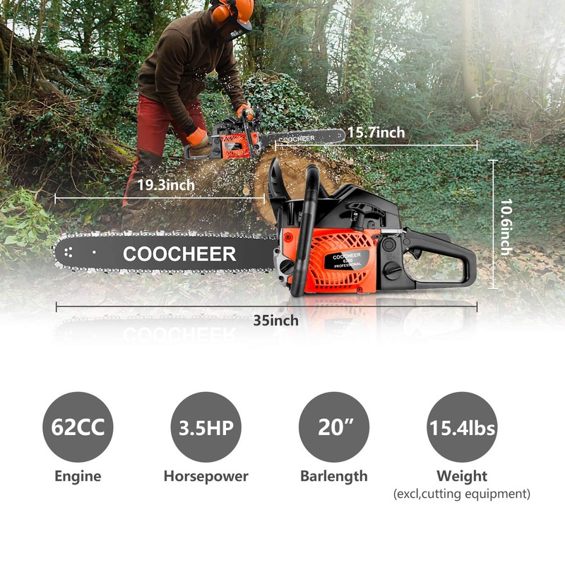 COOCHEER 62CC Gas Powered Chain saws, 20Inch 3.5HP 2-Stroke Gasoline