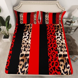 Leopard Print Kids Fitted Sheet Full Size,Cheetah Skin Fashion Bedding Set,Girls Boys Adults Room Decor,Geometric Stripes Patchwork Bed Cover,Red Black Brown Bed Sheet,2 Pillowcases