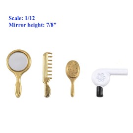 Miniature Vanity Set, 1:12 Scale Dollhouse Accessories, 4-Piece Gold Mirror Brush Set, Comb, Hair Dryer Set, 7/8 Inch