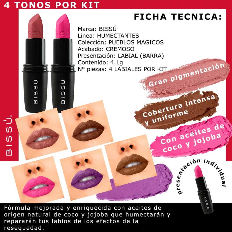 Labial Bissú Formula Humectante - Pack 4 Tonos