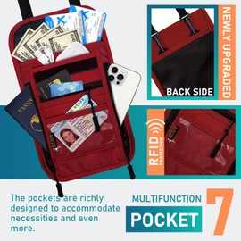 sundee Travel Neck Wallet with Double Zippers, RFID Blocking Passport Holder with Adjustable Neck Strap for Men and Women to Keep Cash, Credit Cards and Travel Documents Safe, Red, Small, Classic