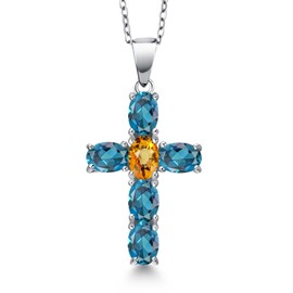 Gem Stone King 925 Sterling Silver London Blue Topaz and Yellow Sapphire Cross Pendant Necklace for Women | 3.62 Cttw | Gemstone November Birthstone | Oval 6X4MM | With 18 Inch Chain