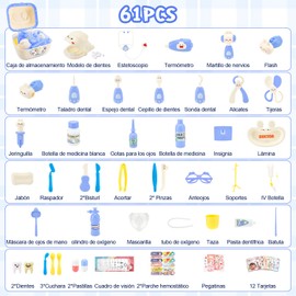 AUTOWT Kit de Juguetes de Dentista para Niños, 61 Piezas de Juguetes Educativos de Simulación de Médico con Disfraz y Sombrero de Médico, Juego de Juguetes Médicos para Niños y Niñas