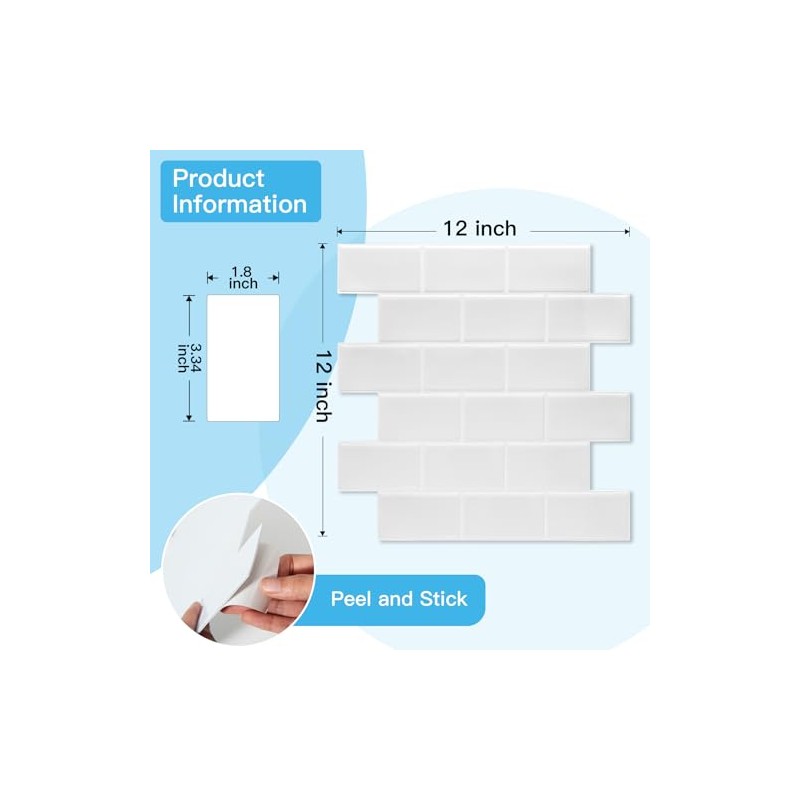 Art3d Peel and Stick Backsplash Tiles – 12"x12" White Washed