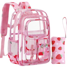Unineovo Clear Backpack for Kids, Strawberry Backpack for Girls, Water-Resistant See Through Bookbag with Chest Strap for Preschool Kindergarten College Travel Stadium Work Concert
