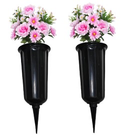 Fovasen 4 Pcs Plastic Grave Flower Pots, Grave Vase with Spikes, Cemetery Black Vase for Grave, Lawn, Yard, Garden Decoration