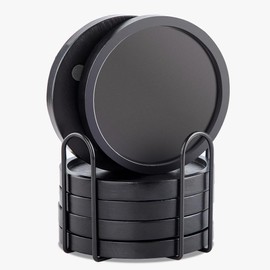 Acacia Wood Coasters Black for Drinks with Lip, WLWNWFT Round Drink Coasters with Holder for Coffee Table Dining Table Wooden Table Coasters for Farmhouse Desk, Set of 6