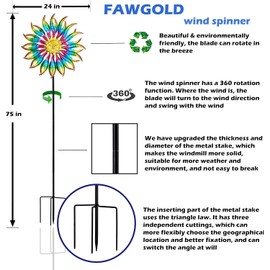Fawgold 75" Multi-Color Wind Spinners Outdoor Metal Sun Wind Sculptures for Garden, Patio, Yard, Lawn Decorations Double Windmill Spinne