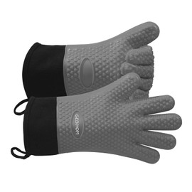 GEEKHOM BBQ Gloves Heat Resistant Oven Mitts - Silicone Grilling Gloves with 13.7" Arm Protection - Waterproof Pot Holder Non-Slip for Men & Women, Kitchen Outdoor Cooking, Baking, Camping, Light Gray
