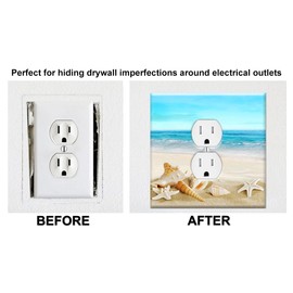 OVERSIZED Metal Outlet Cover, 2 Gang Jumbo Electrical Outlet Cover Plate (for 1 Centered Device), Wall Plate Cover for Duplex Outlets - UL Listed, 5.5" x 5.5" - Seashells on the Beach - Made in USA