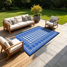 4'x6' Reversible Waterproof Outdoor Rug Blue Geometric Patio Mat