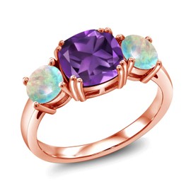 Gem Stone King 18K Rose Gold Plated Silver Purple Amethyst and Simulated White Opal 3 Stone Engagement Ring For Women (3.10 Cttw, Gemstone February Birthstone, Cushion 8MM, Size 8)