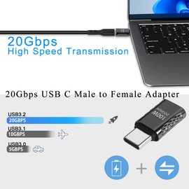 QIANRENON 20Gbps USB C Male to Female Adapter 100W USB 3.2 Type C Extension Connector Supports 8K Audio/Video for Smartphone Tablet Steam Deck, Glossy Black, Pack of 2